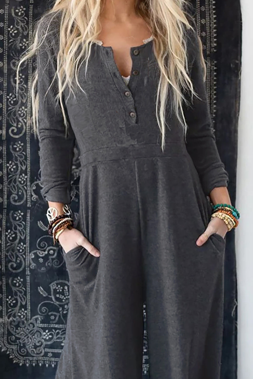 Long Sleeve Wide Leg Jumpsuit with Pockets