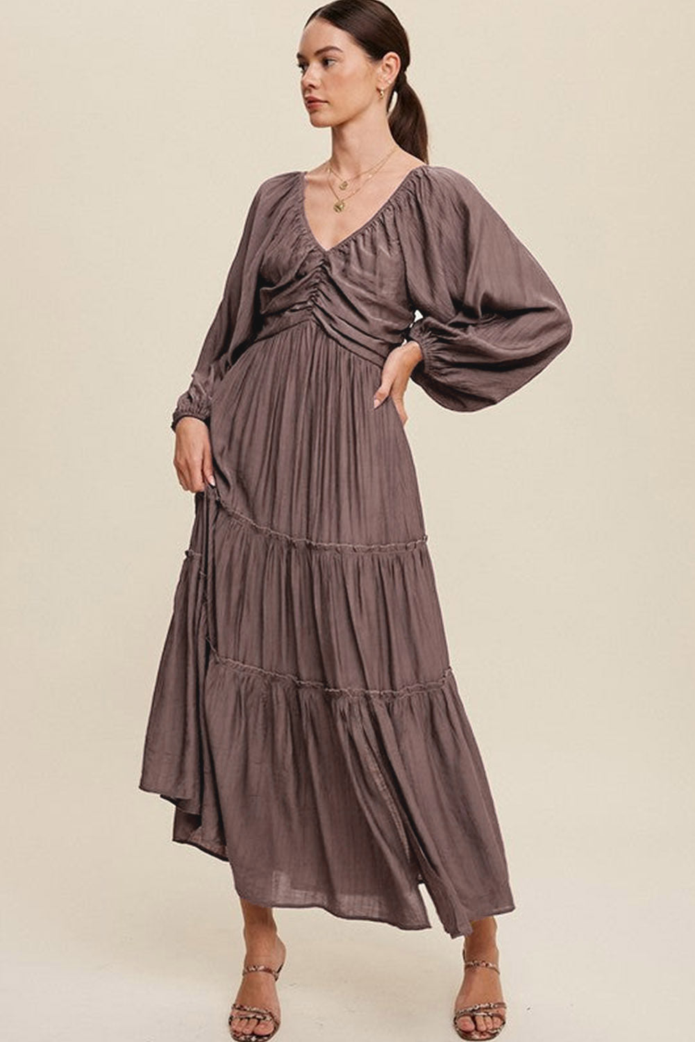 V Neck Bowknot Cutout Frill Tiered Maxi Dress