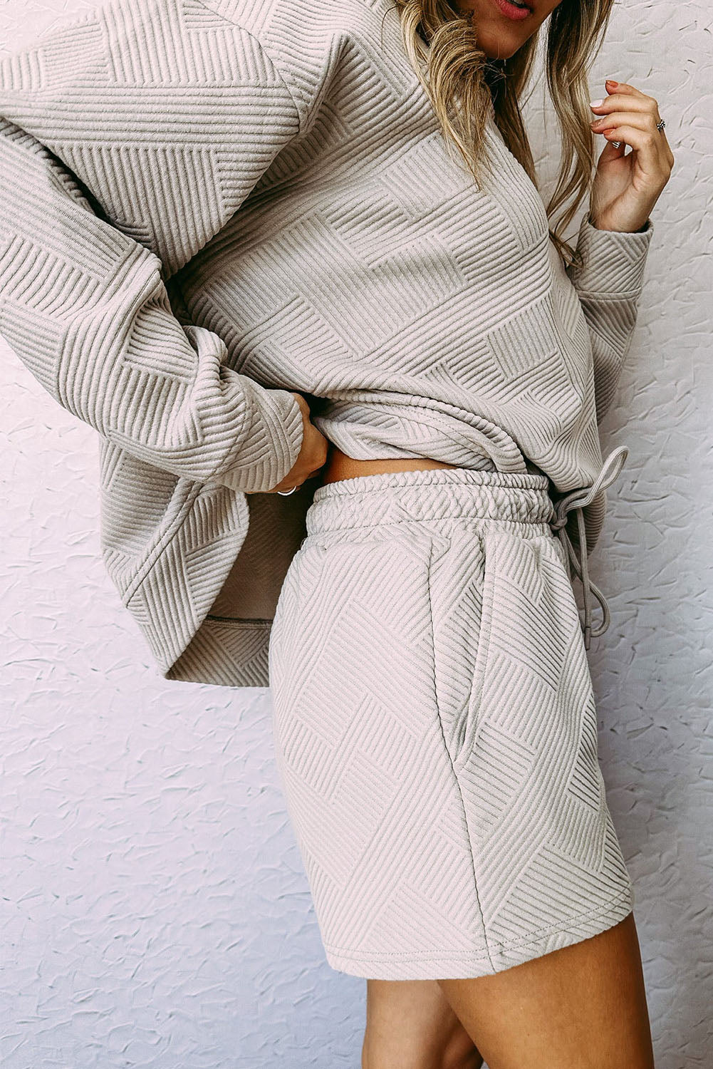 Textured Long Sleeve Top & Drawstring Shorts Set