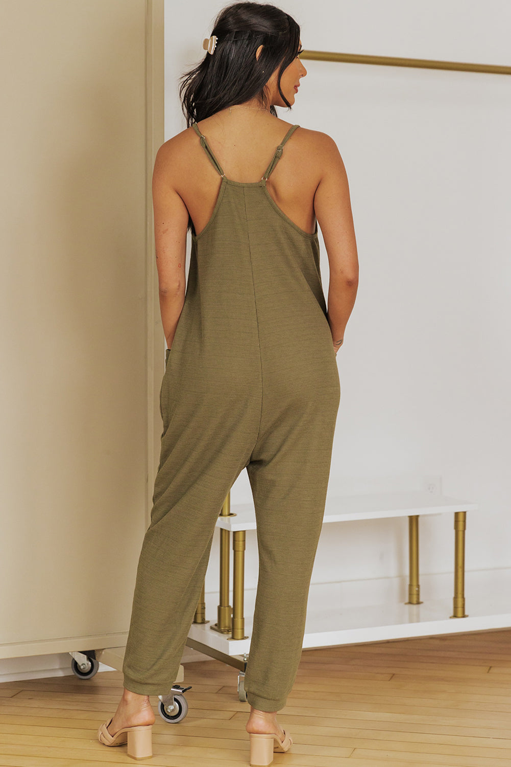 Blue Casual Textured Sleeveless V-Neck Pocketed Jumpsuit