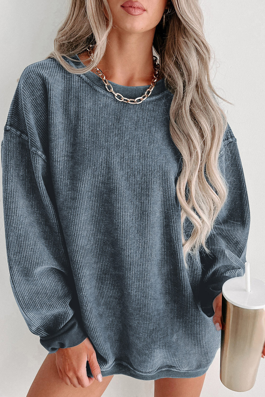 Ribbed Round Neck Pullover Sweatshirt