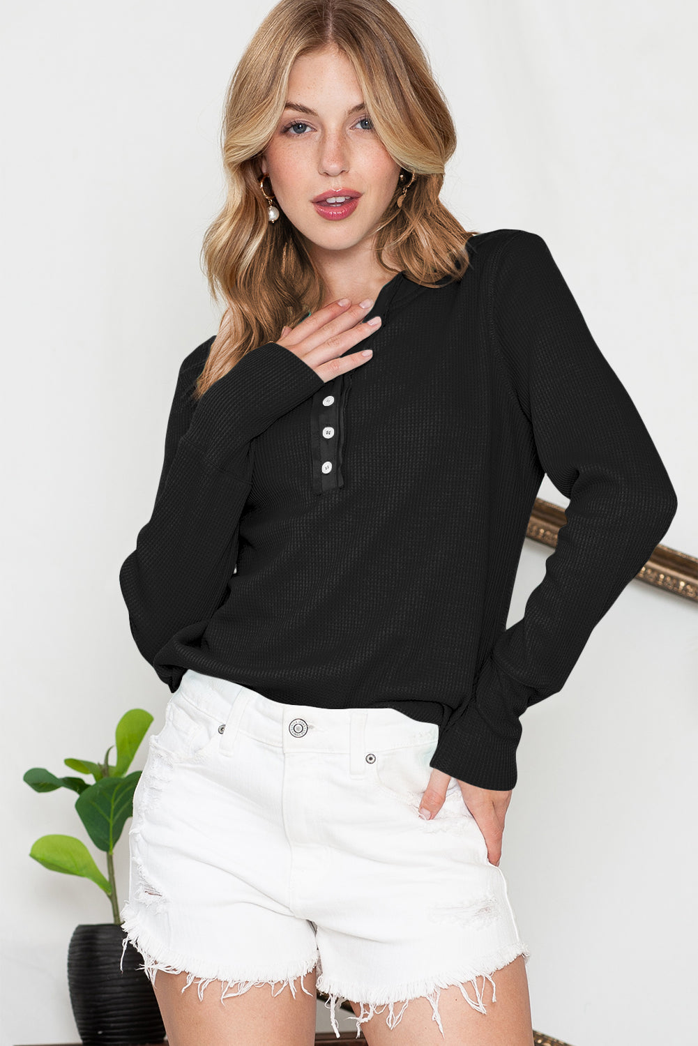 Waffle Knit Long Sleeve Henley Shirt