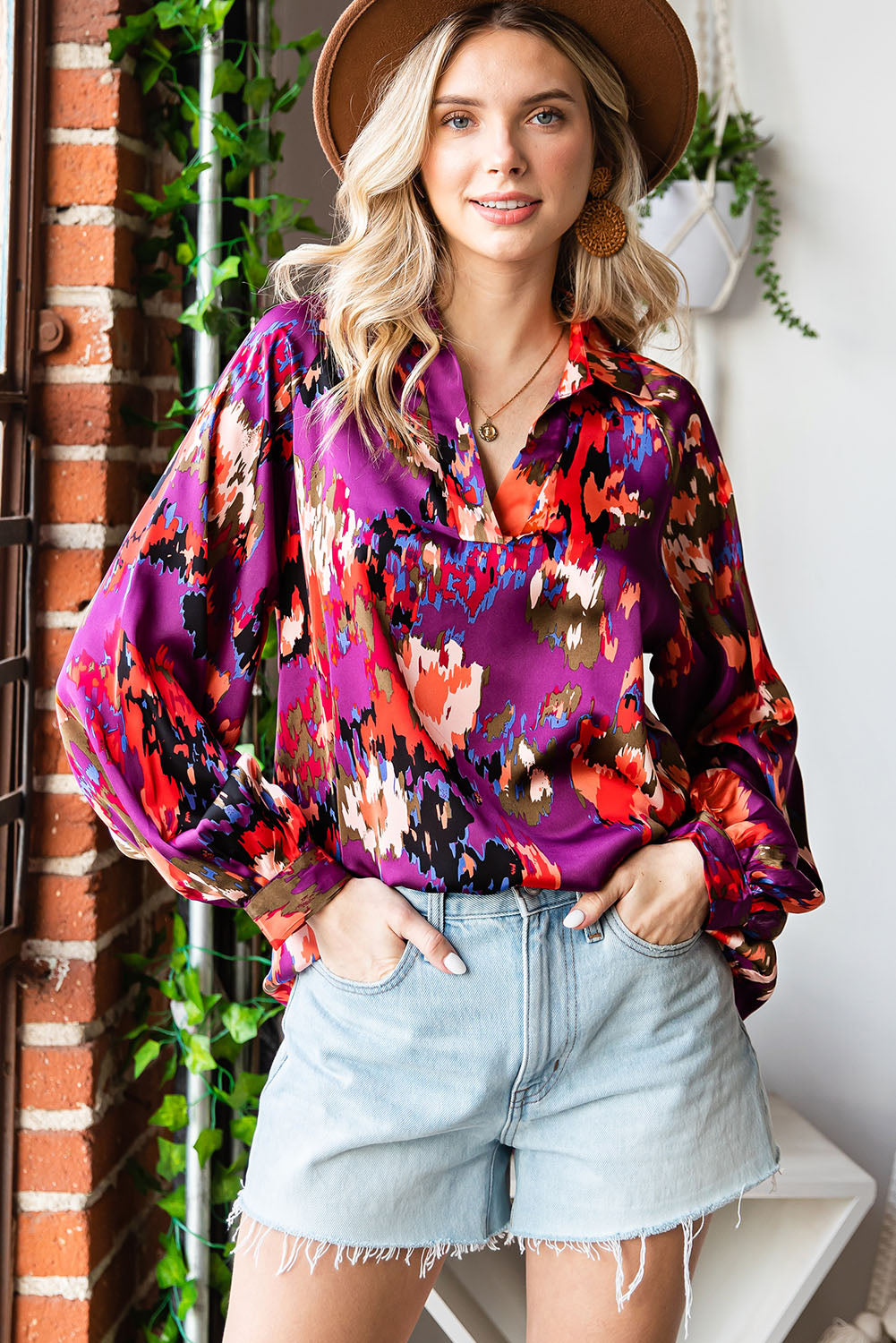 V Neck Puff Sleeve Blouse