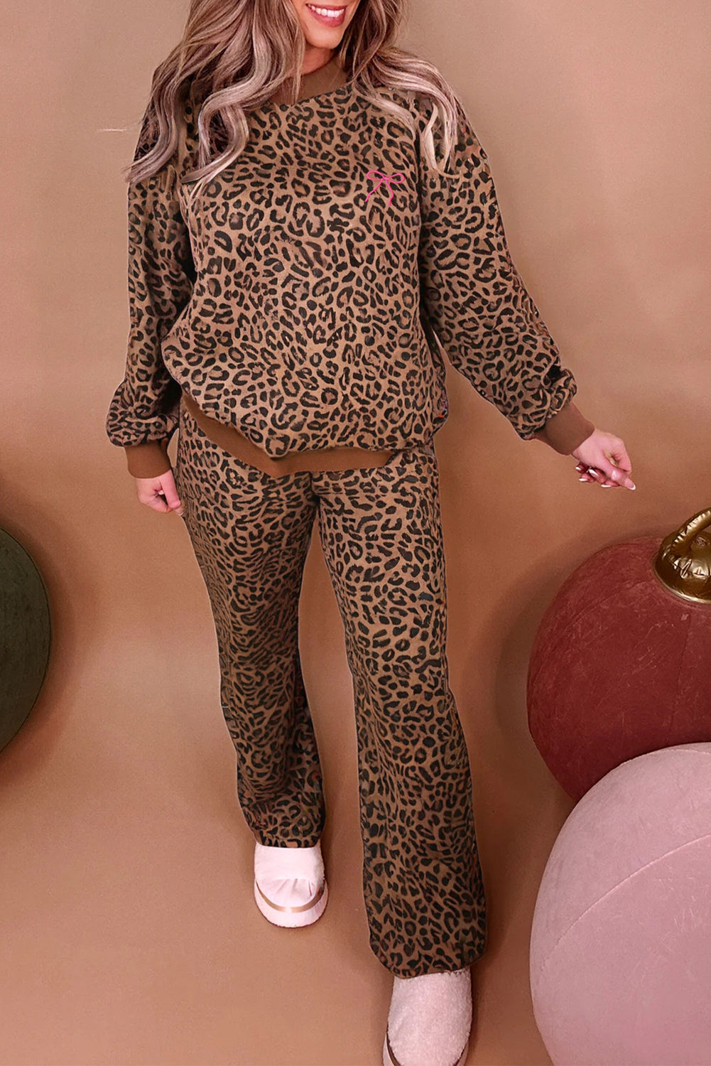 Leopard Print Long Sleeve Top and Pants Set