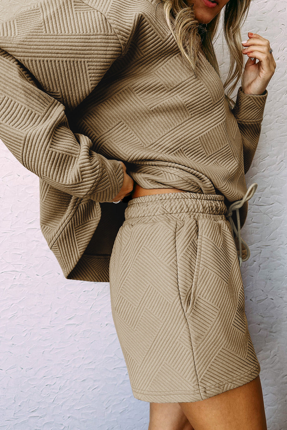 Textured Long Sleeve Top & Drawstring Shorts Set