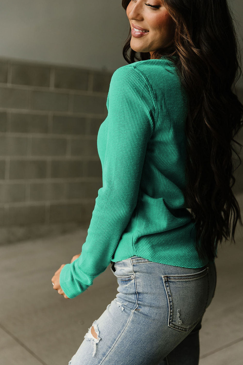 Waffle Knit Long Sleeve Henley Shirt