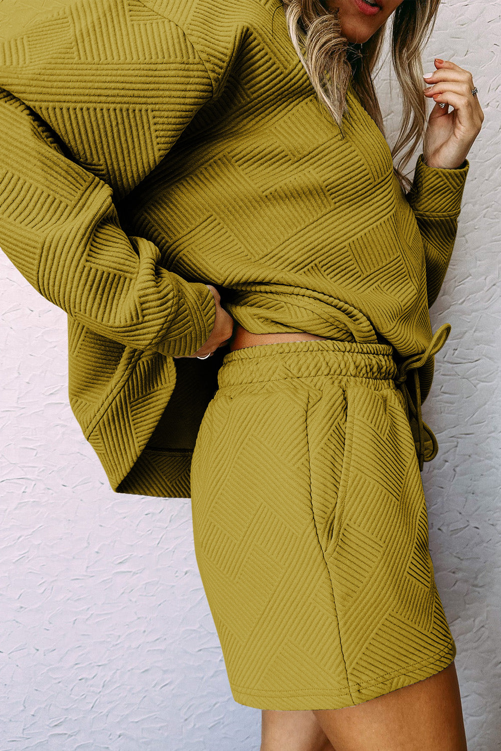 Textured Long Sleeve Top & Drawstring Shorts Set