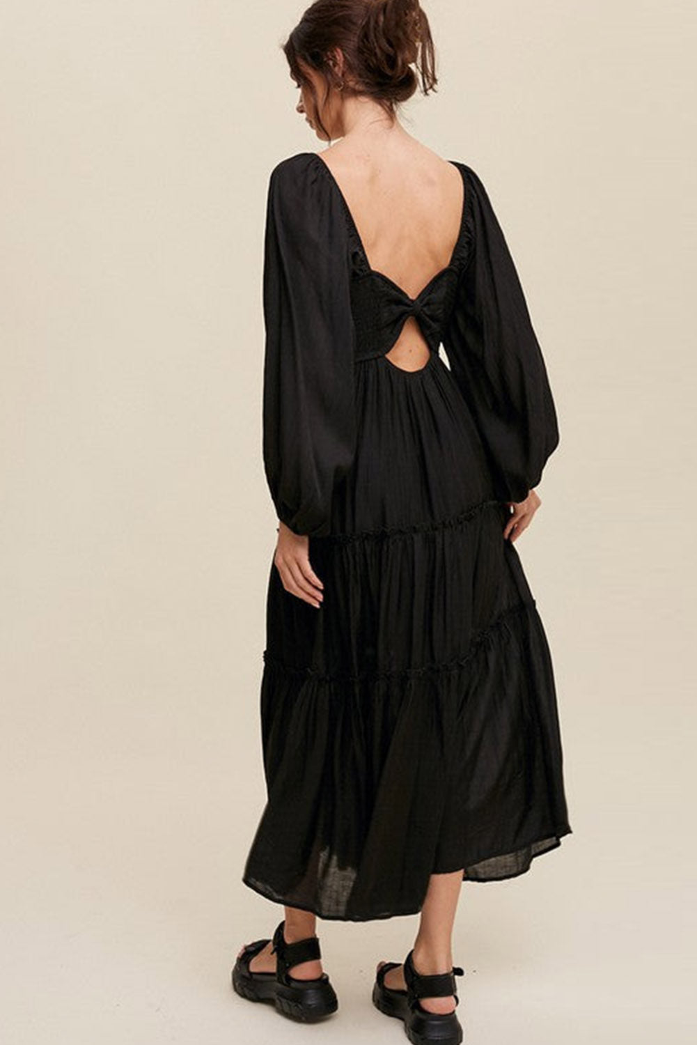 V Neck Bowknot Cutout Frill Tiered Maxi Dress