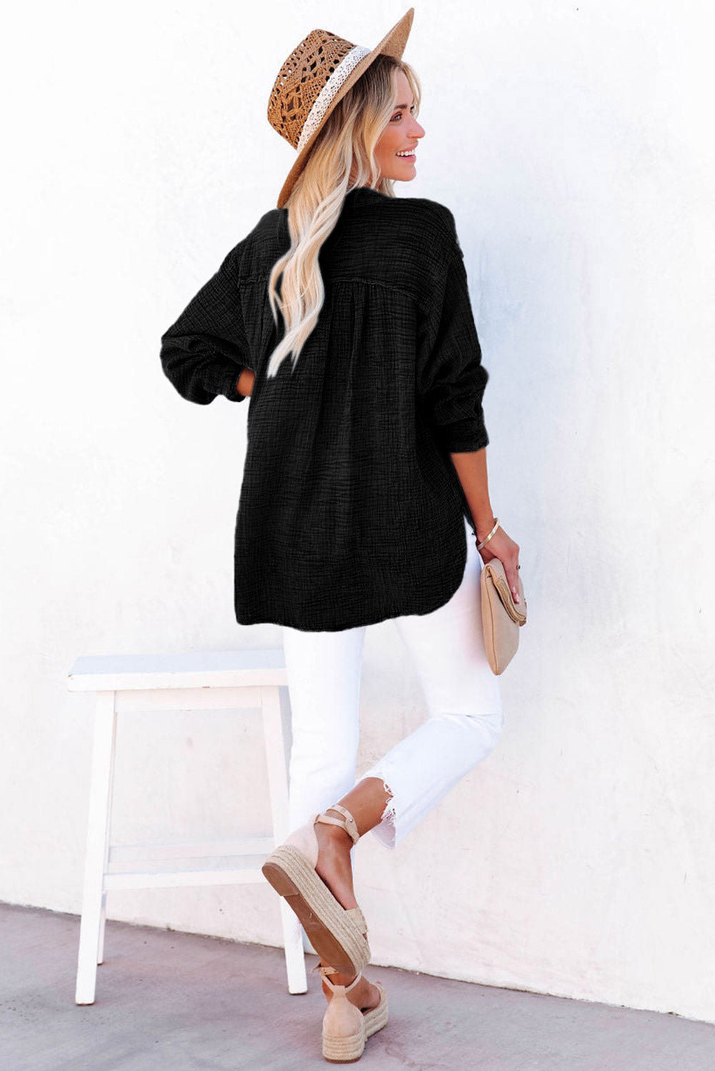 Crinkle V Neck Henley Top