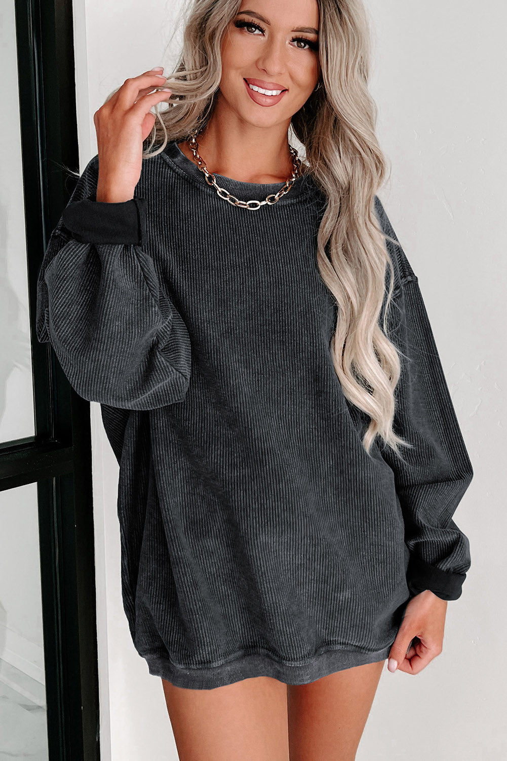 Ribbed Round Neck Pullover Sweatshirt
