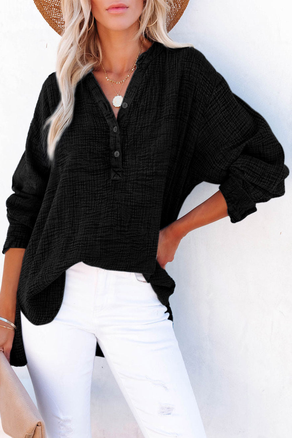 Crinkle V Neck Henley Top