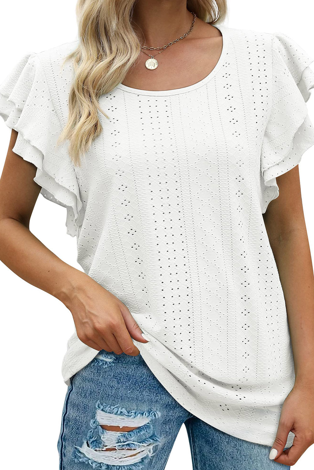 Eyelet Textured Ruffle Short Sleeve Blouse