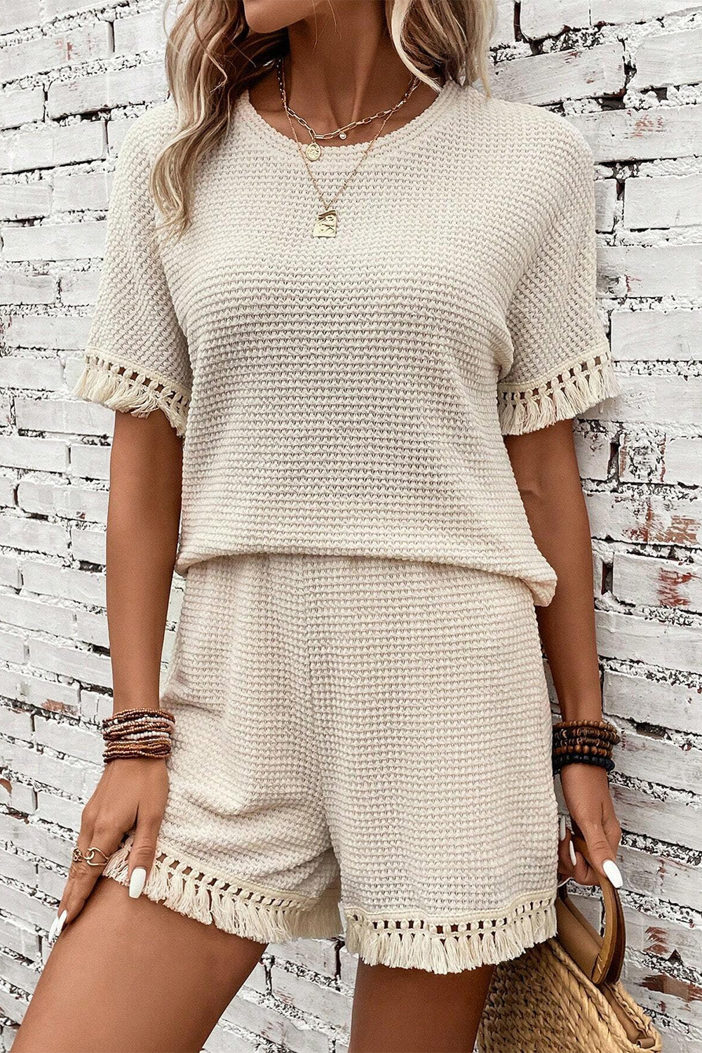 Fringe Trim Waffle Knit Textured Shorts Set