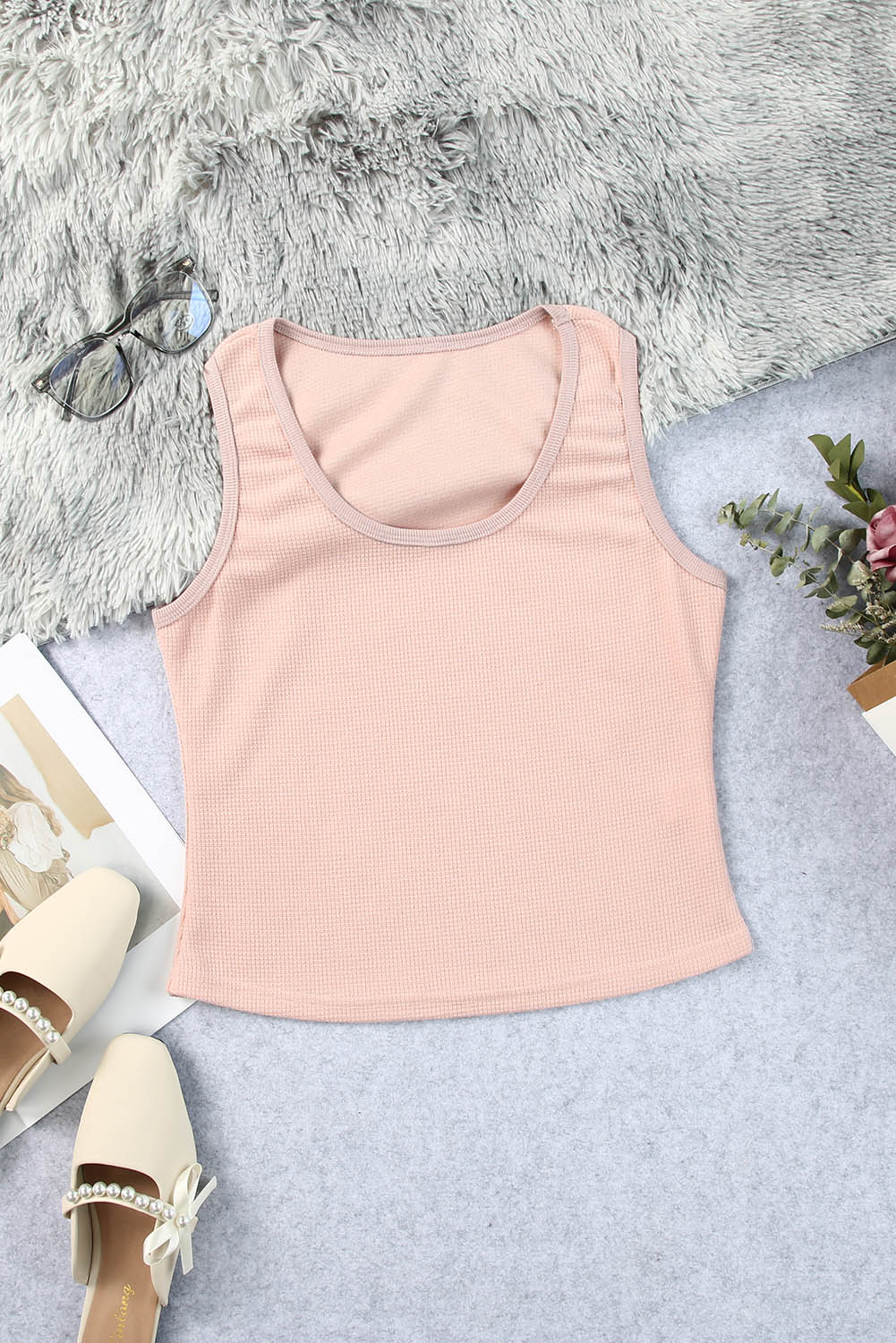 Plain Basic Waffle Knit U Neck Tank Top