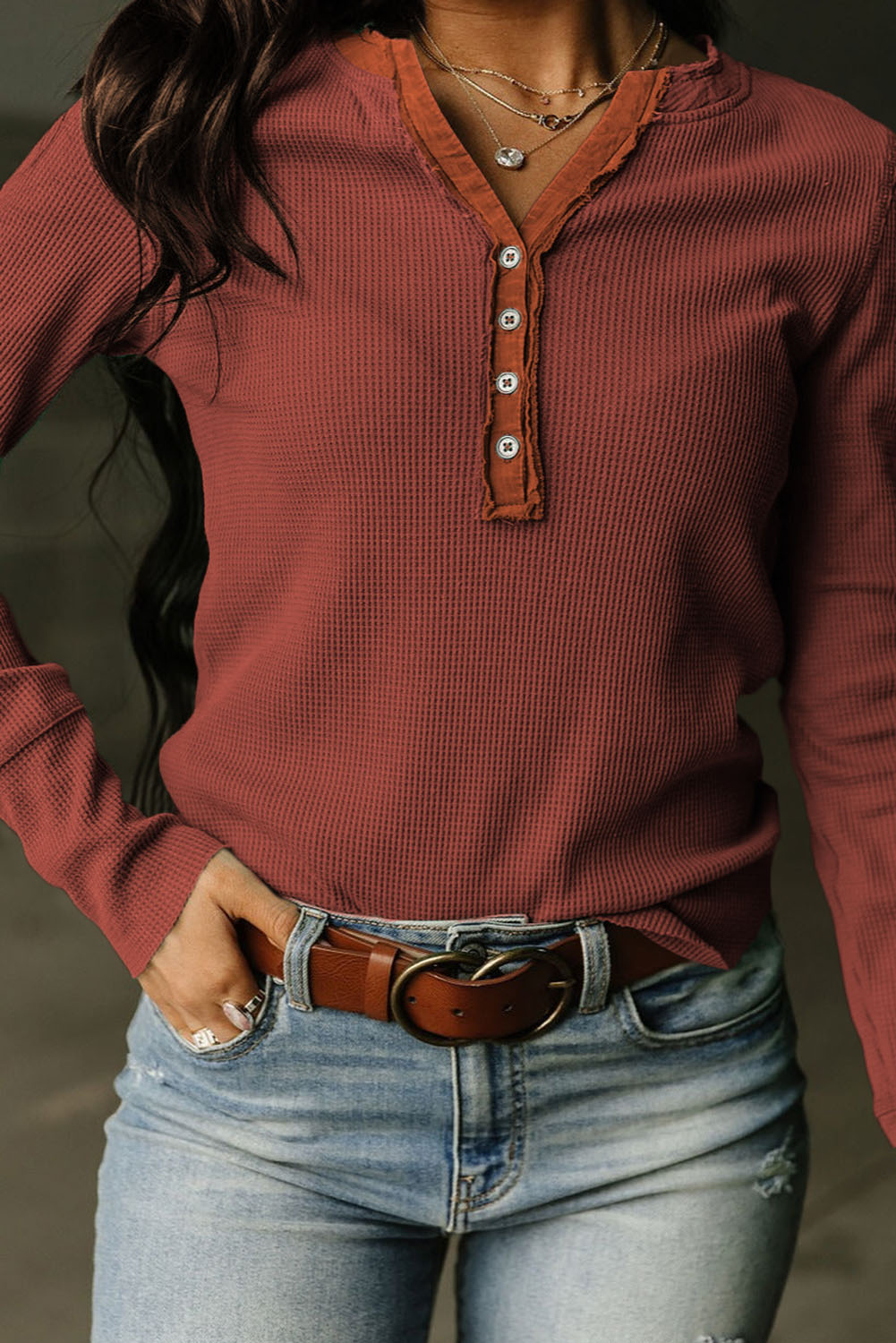 Waffle Knit Long Sleeve Henley Shirt