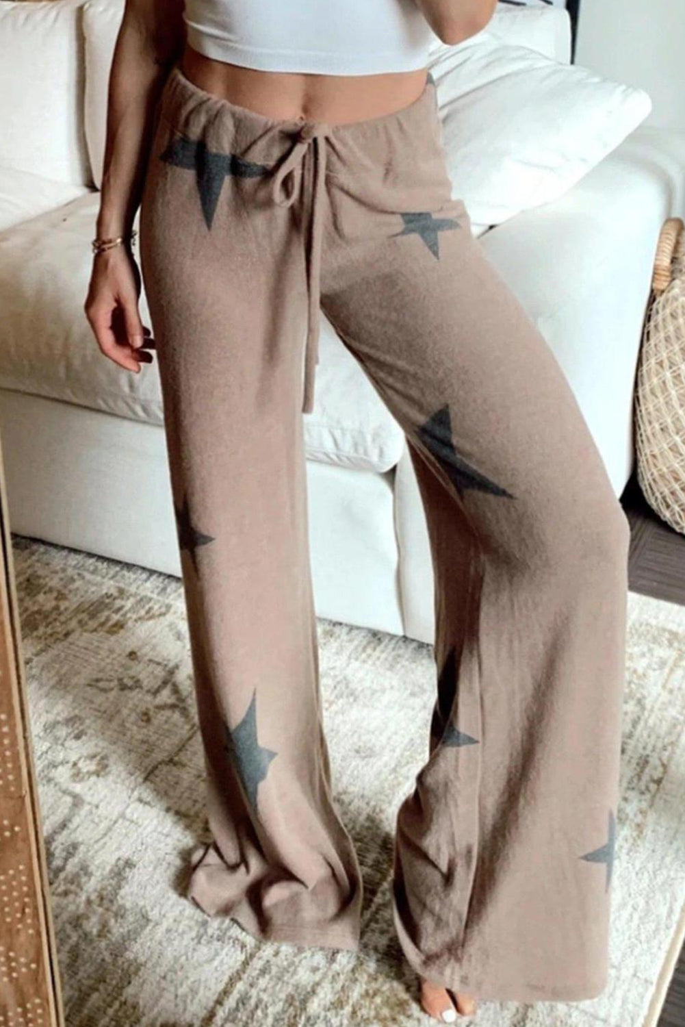 Retro Star Print Long Sleeve Pullover Drawstring Wide Leg Pajama Set