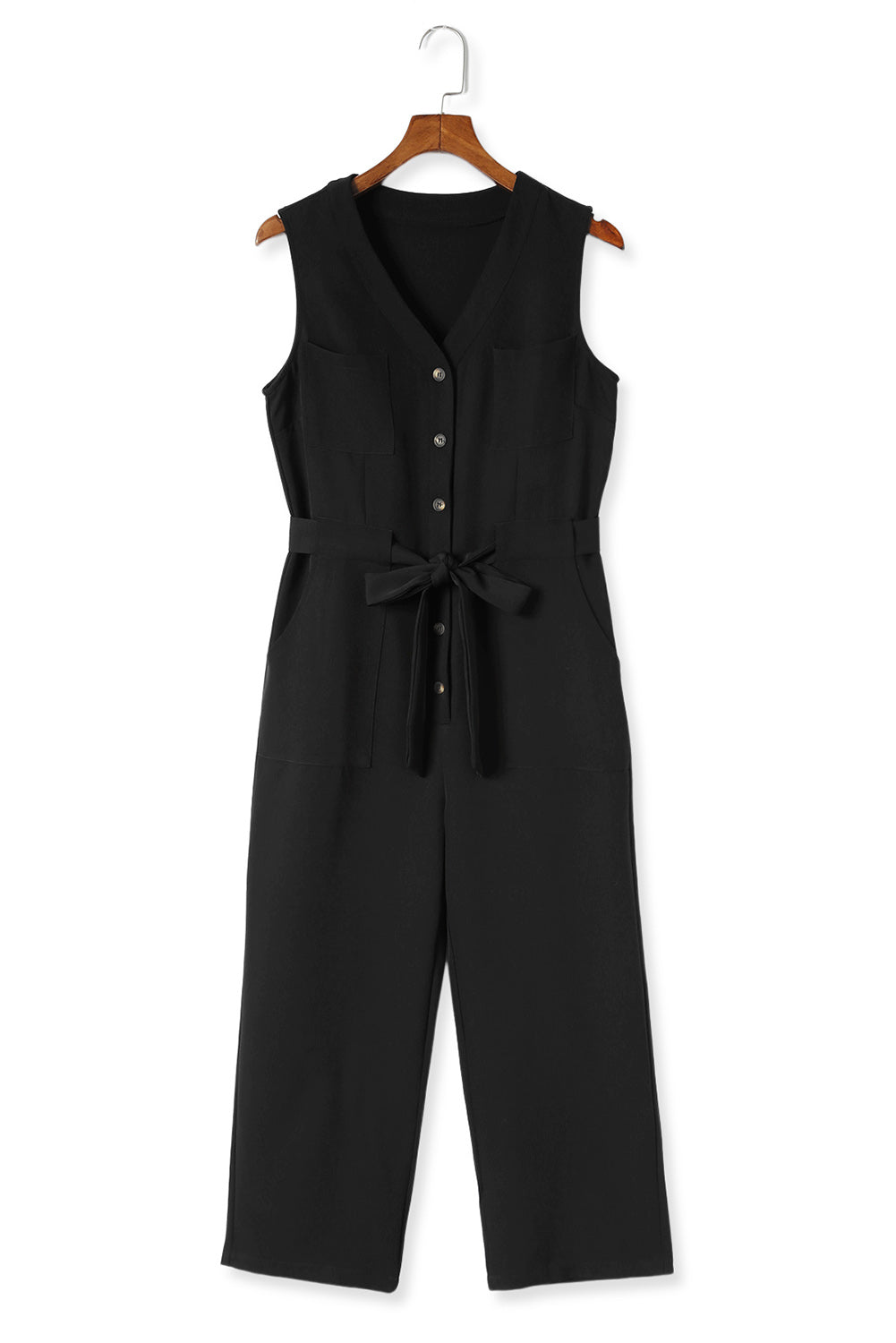 Buttoned Sleeveless Cropped Jumpsuit With Sash