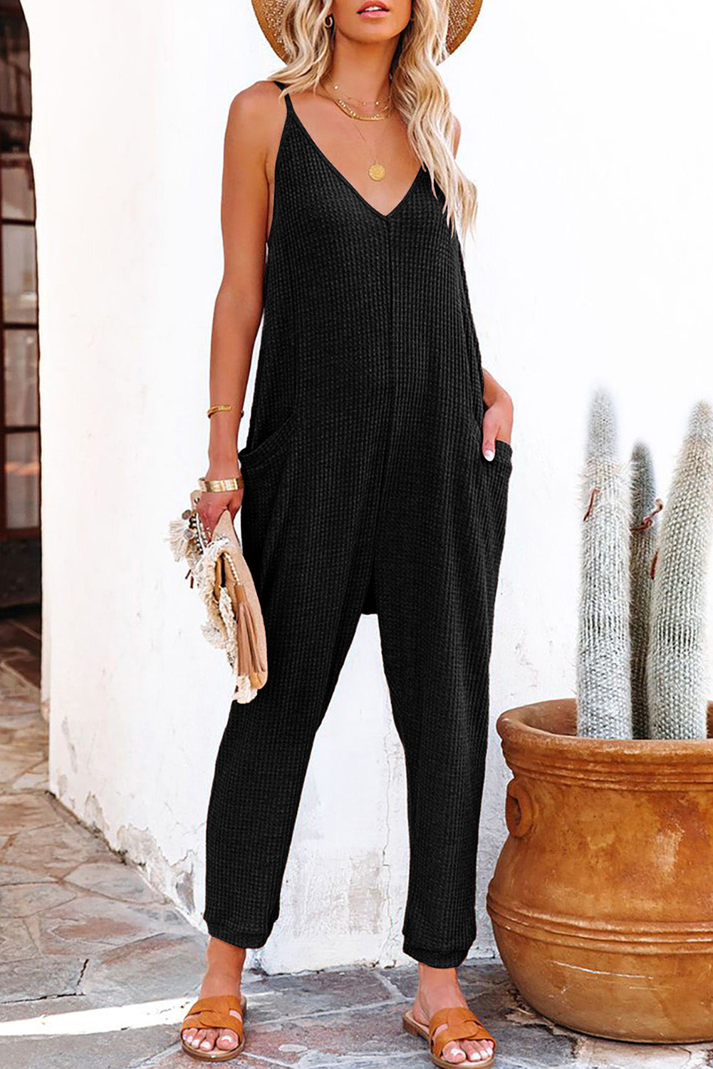 Blue Casual Textured Sleeveless V-Neck Pocketed Jumpsuit