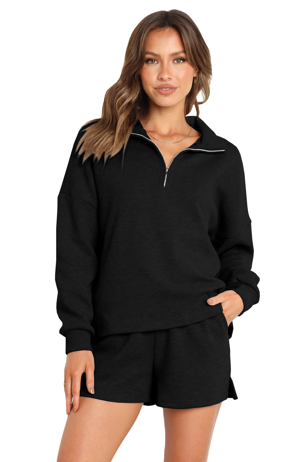 Ribbed Sweatshirt & High Waist Shorts Set