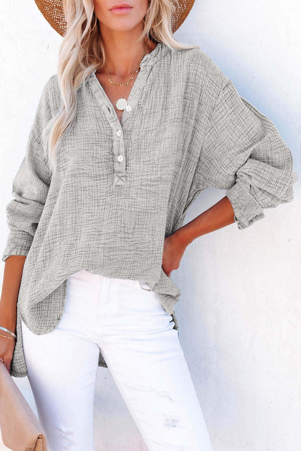 Crinkle V Neck Henley Top