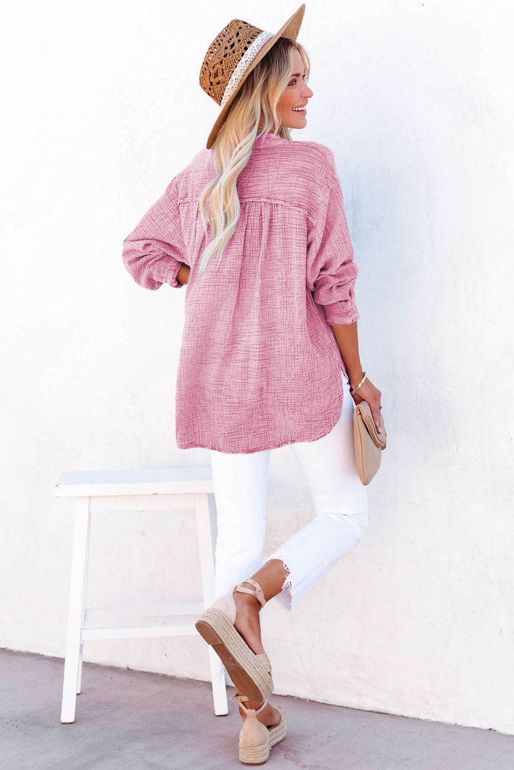 Crinkle V Neck Henley Top