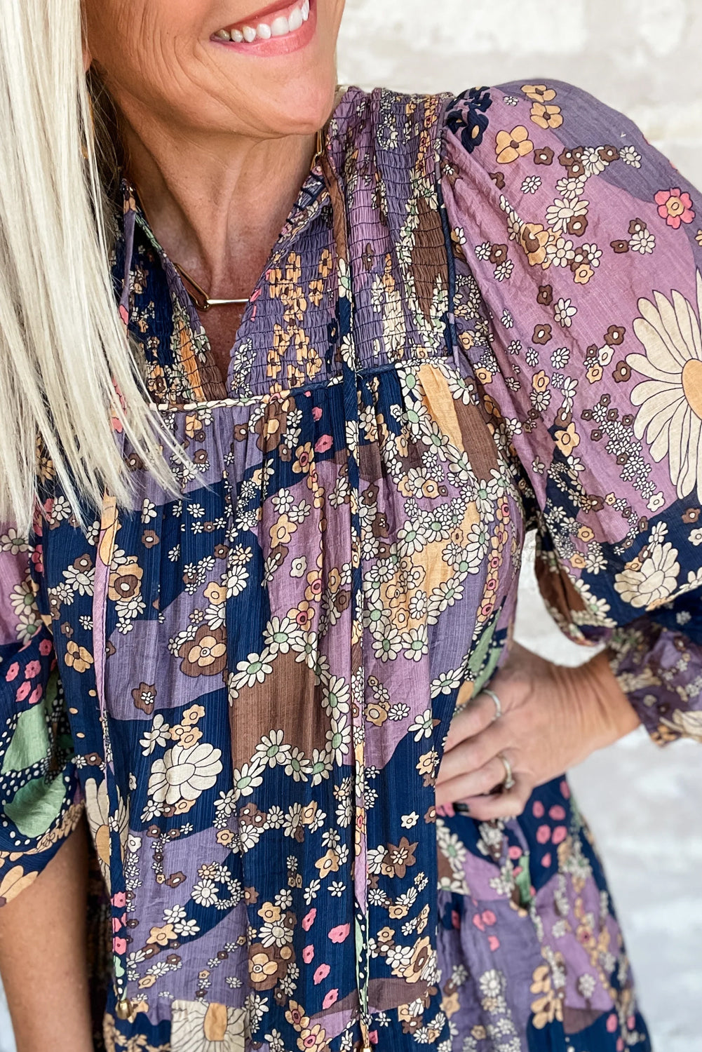 Purple Boho Floral Print Puff Sleeve Dress