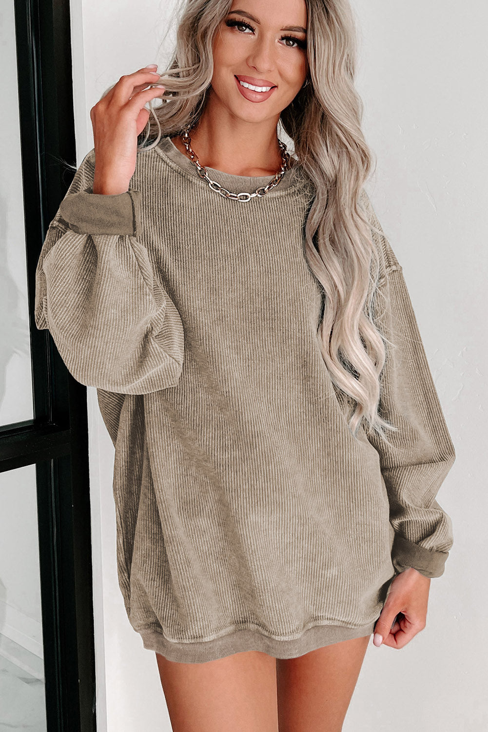 Ribbed Round Neck Pullover Sweatshirt