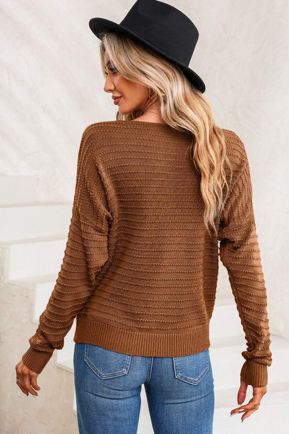 Textured Knit Round Neck Dolman Sleeve Sweater