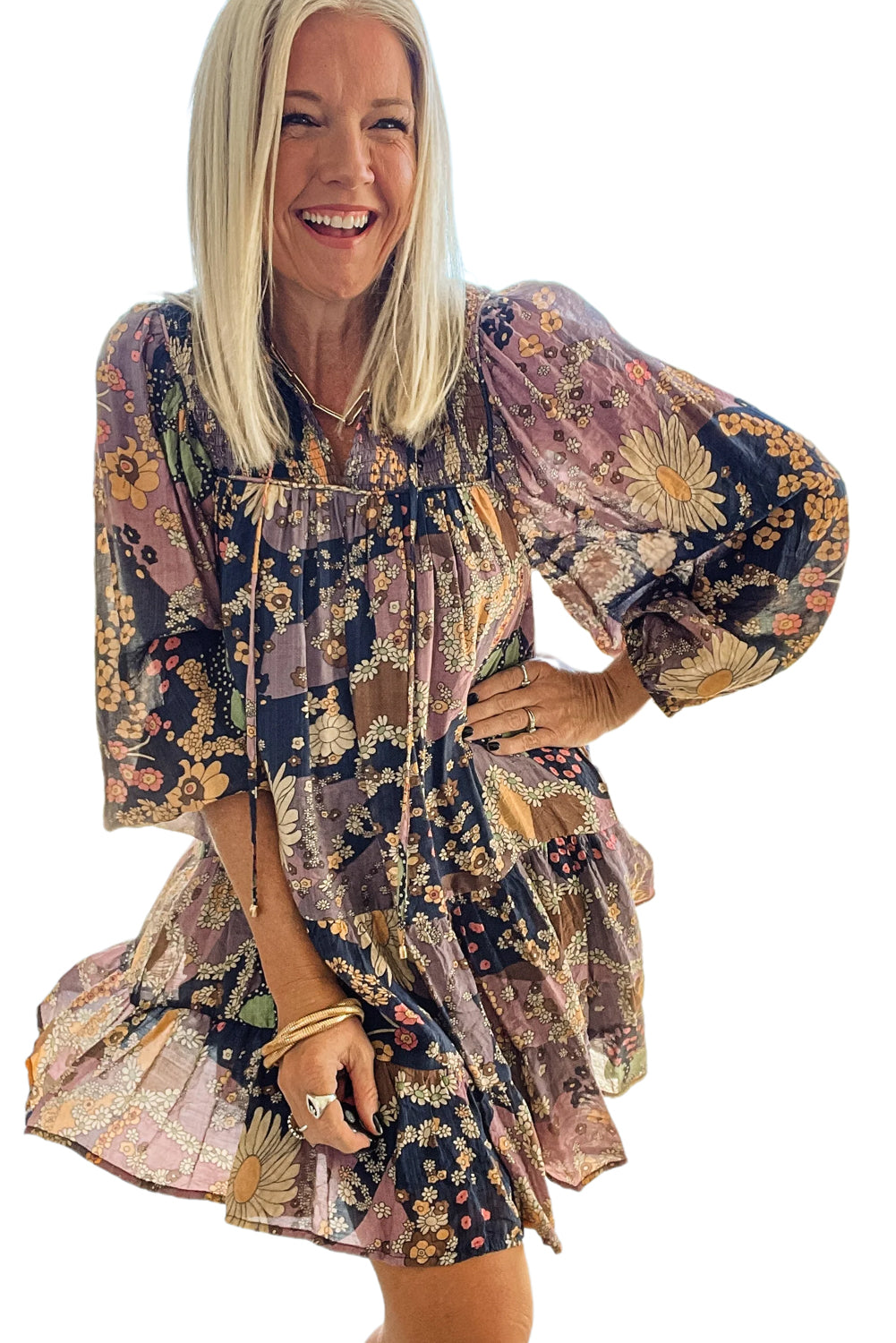 Purple Boho Floral Print Puff Sleeve Dress