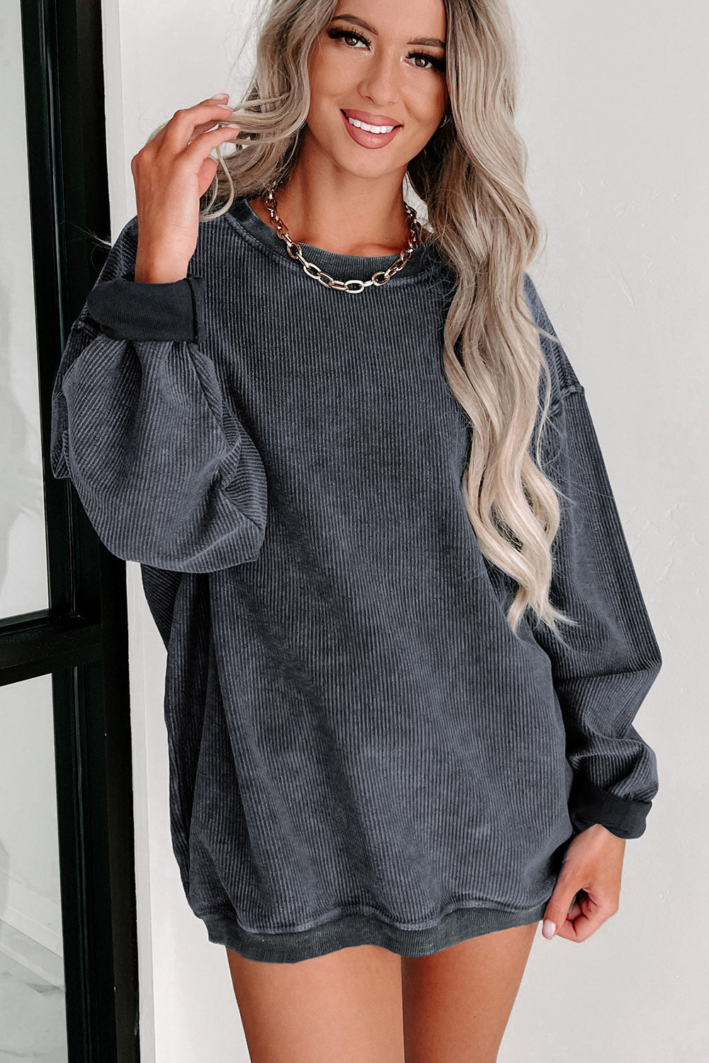 Ribbed Round Neck Pullover Sweatshirt