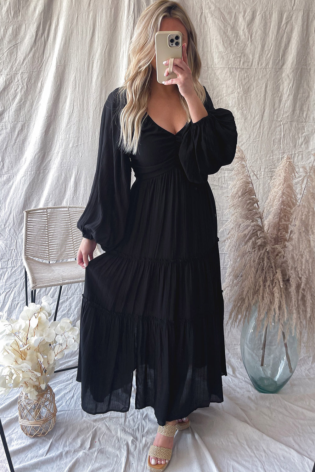 V Neck Bowknot Cutout Frill Tiered Maxi Dress