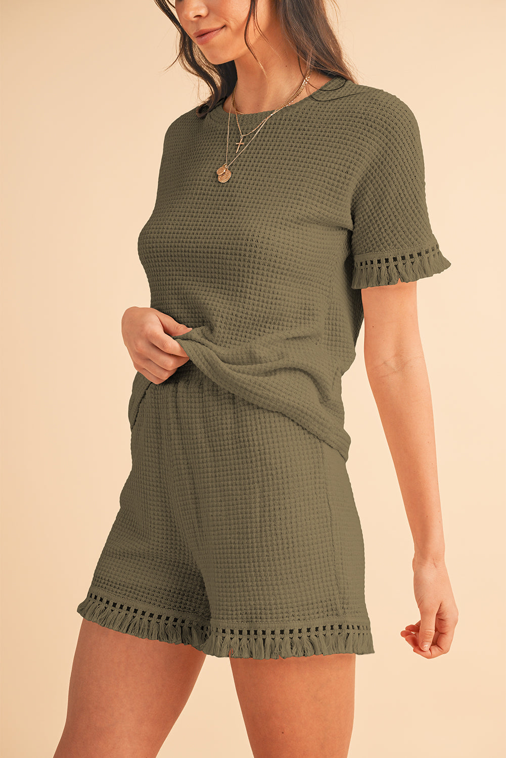 Fringe Trim Waffle Knit Textured Shorts Set