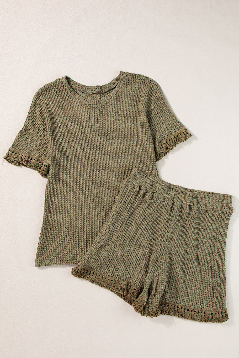 Fringe Trim Waffle Knit Textured Shorts Set