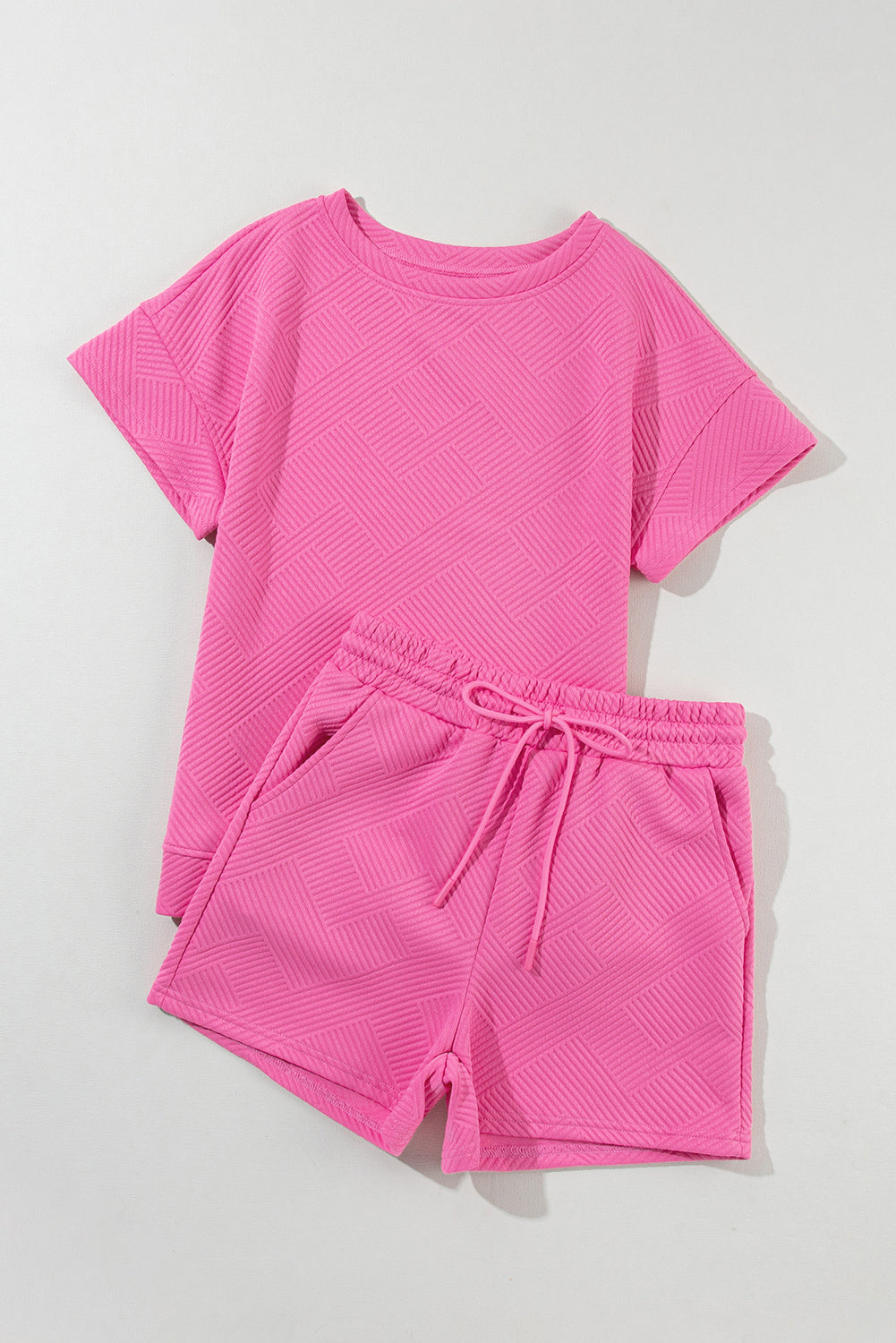 Solid Textured Drawstring Shorts Set