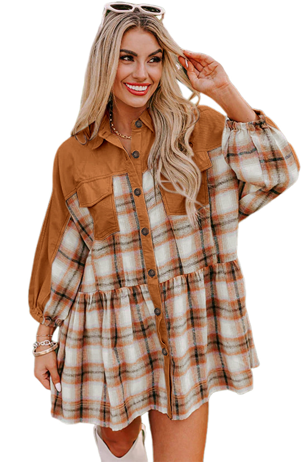 Colorblock Patchwork Ruffle Hem Tunic Shirt Dress