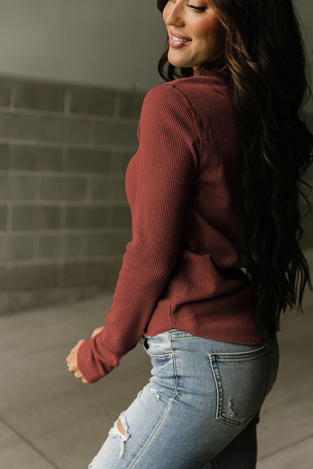 Waffle Knit Long Sleeve Henley Shirt