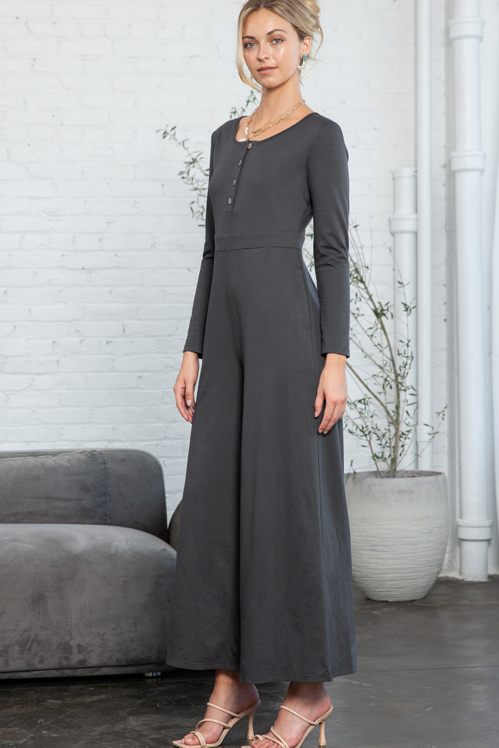 Long Sleeve Wide Leg Jumpsuit with Pockets