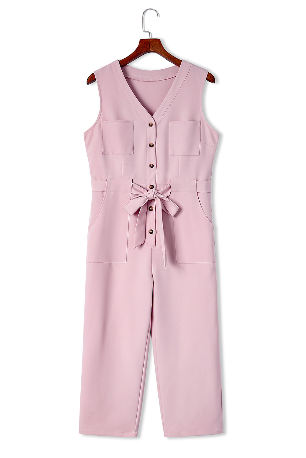 Buttoned Sleeveless Cropped Jumpsuit With Sash