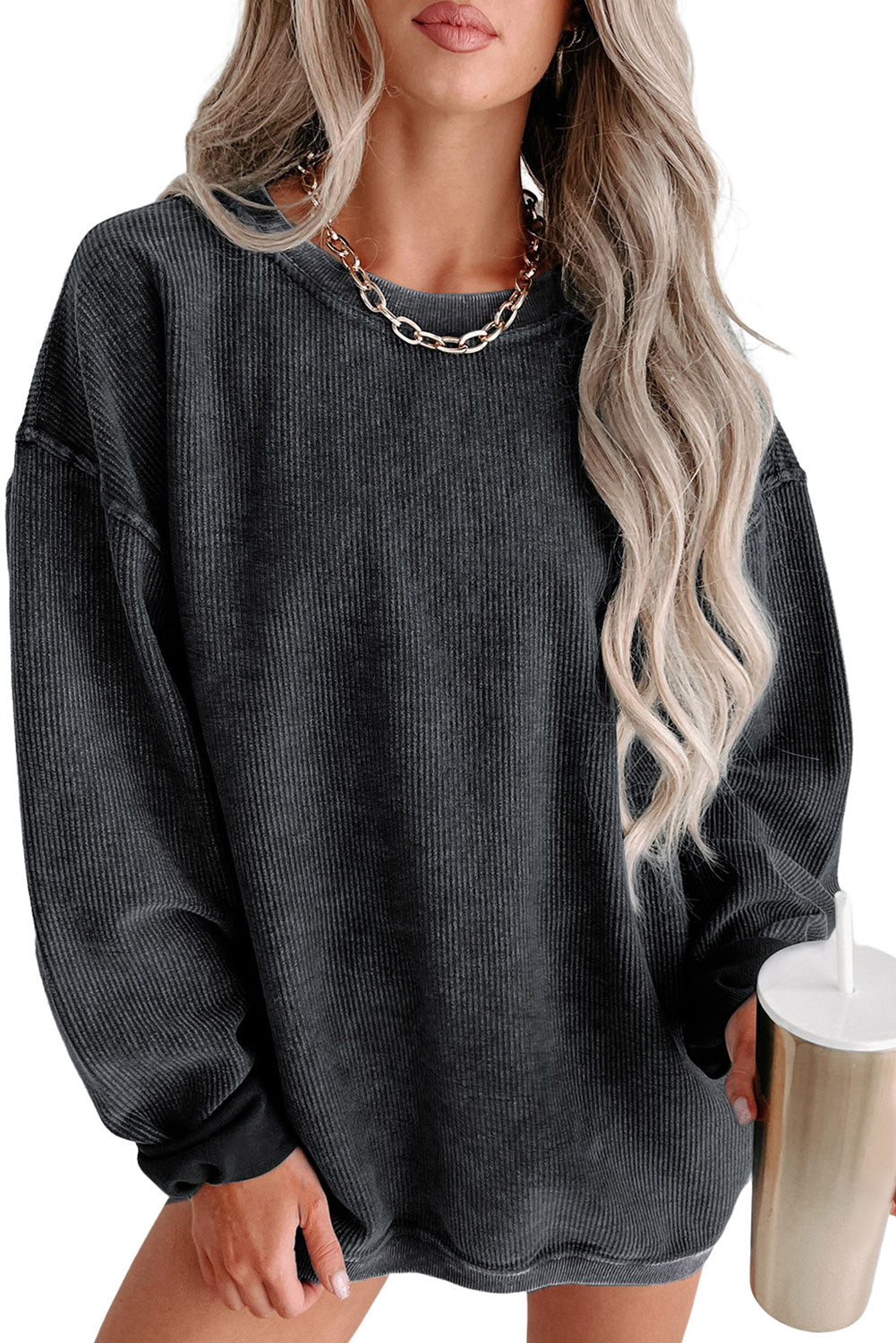 Ribbed Round Neck Pullover Sweatshirt