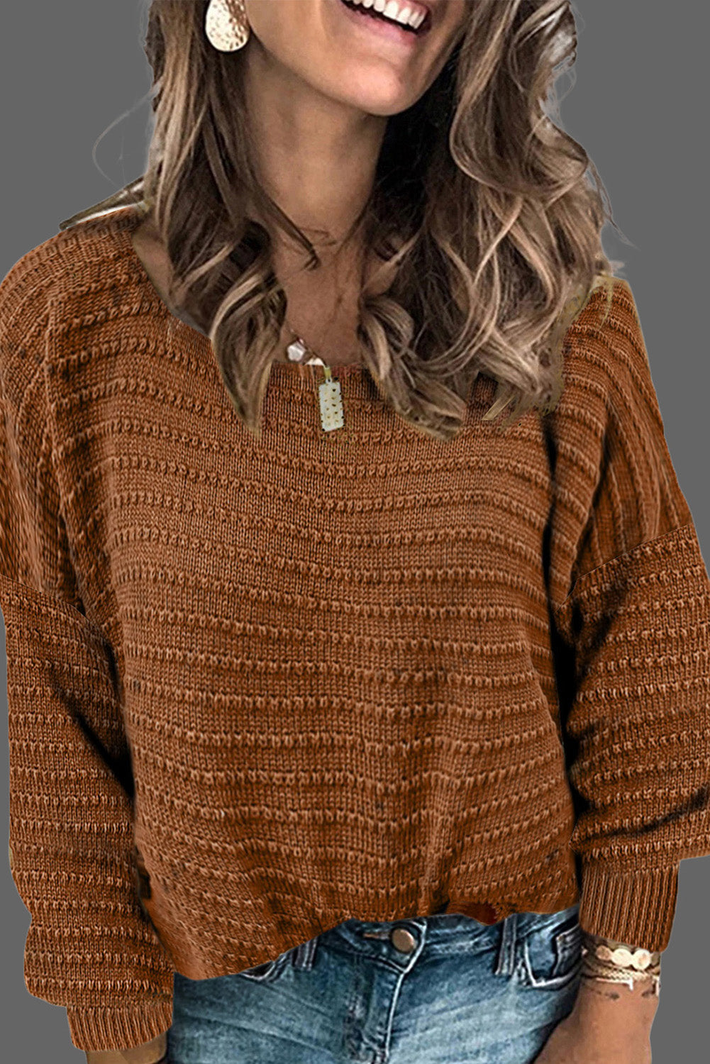 Textured Knit Round Neck Dolman Sleeve Sweater
