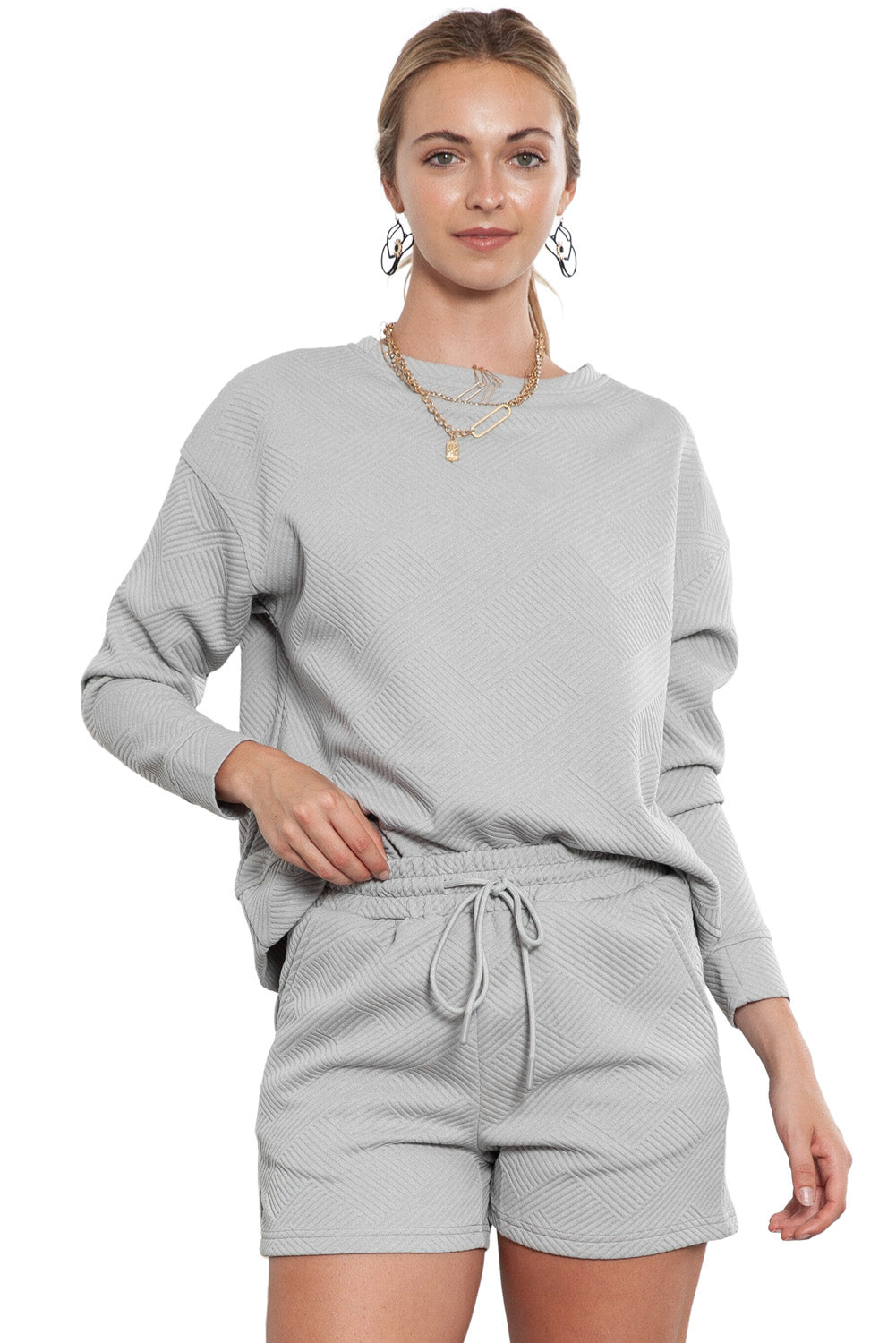 Textured Long Sleeve Top & Drawstring Shorts Set