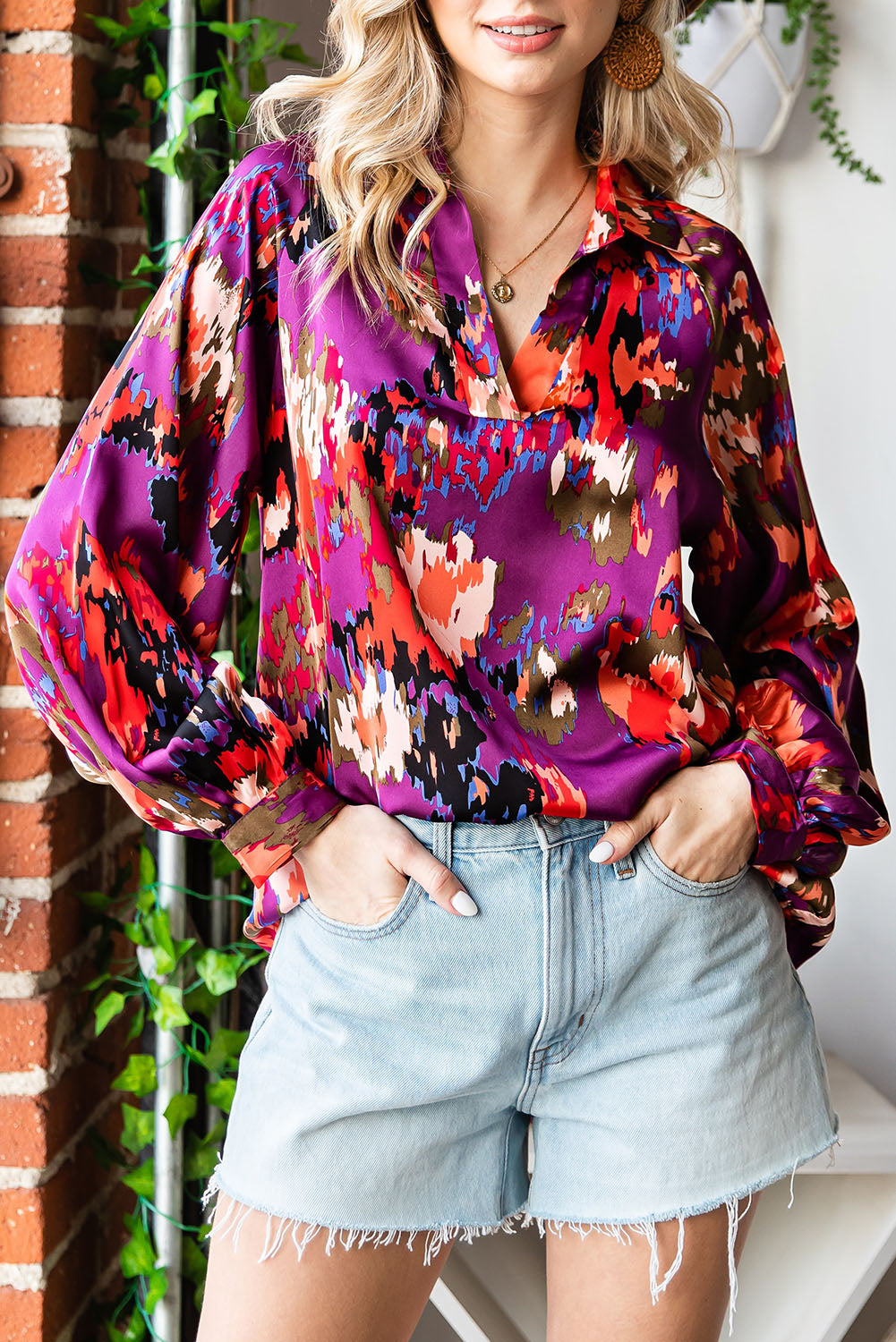 V Neck Puff Sleeve Blouse