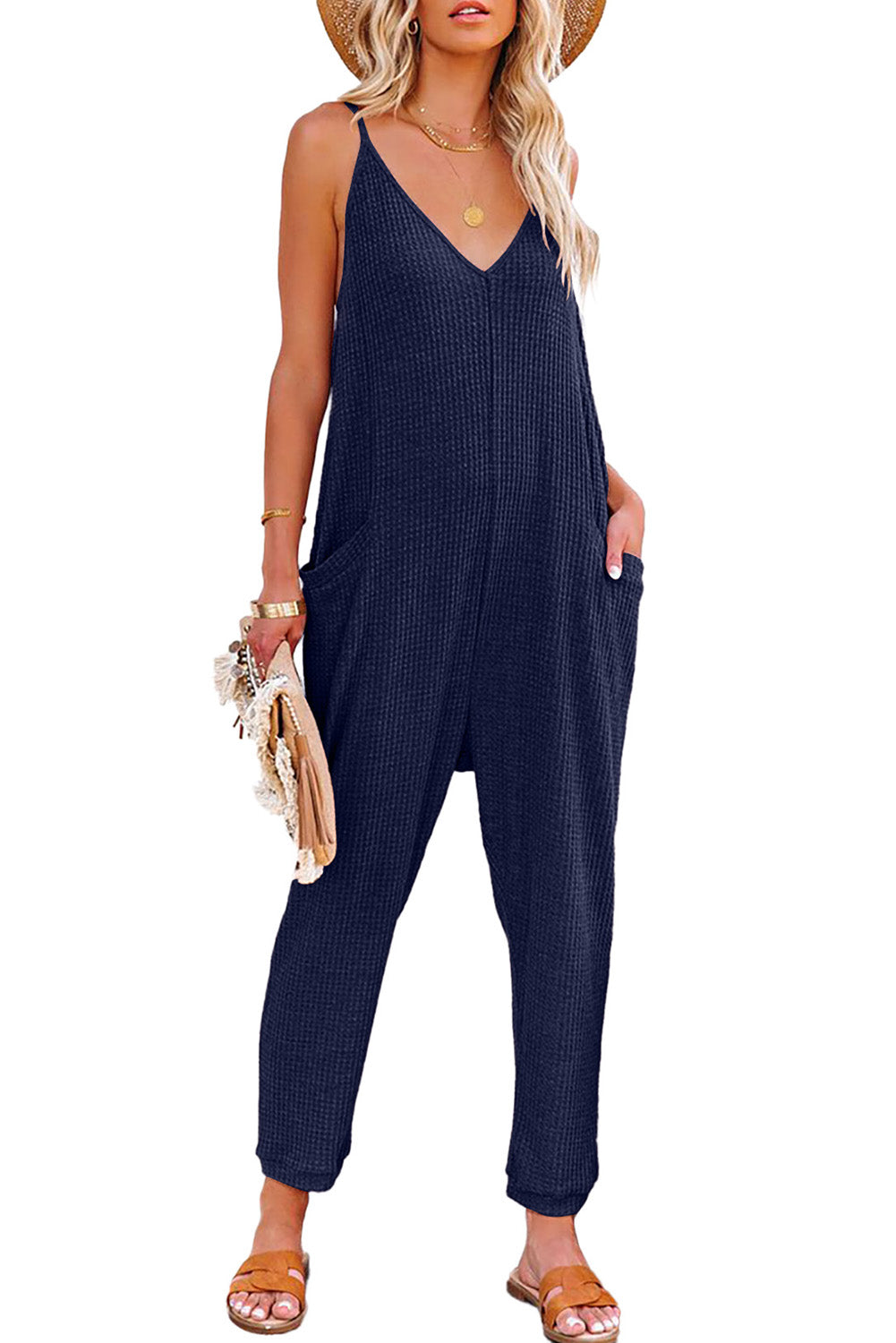 Blue Casual Textured Sleeveless V-Neck Pocketed Jumpsuit