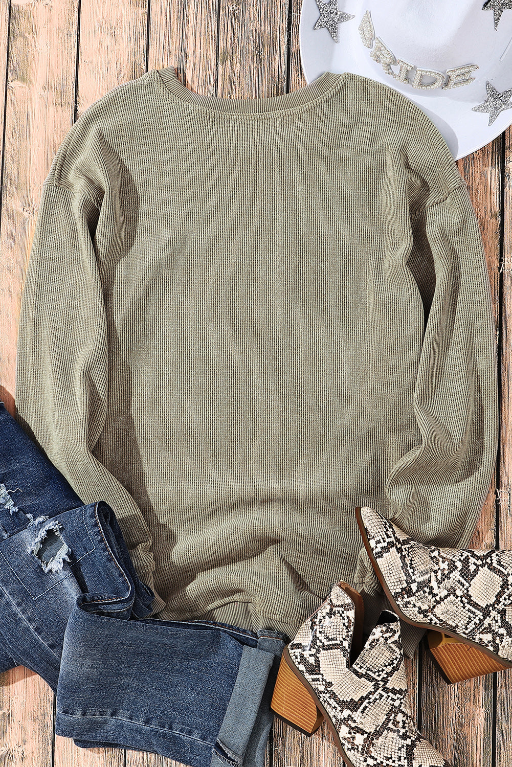 Ribbed Round Neck Pullover Sweatshirt