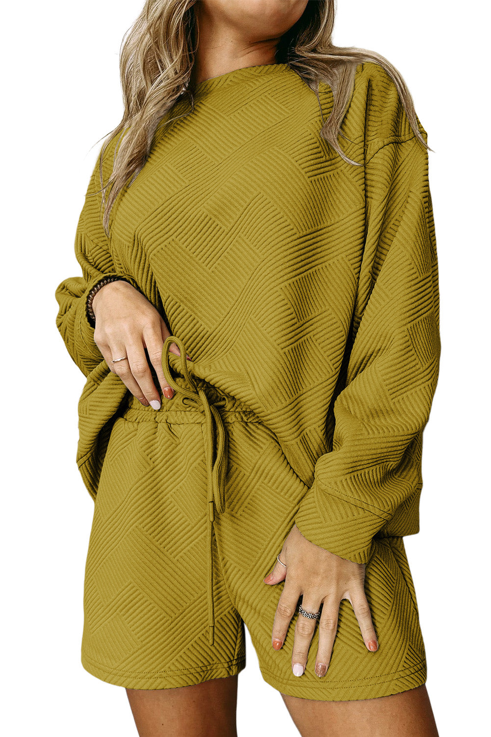 Textured Long Sleeve Top & Drawstring Shorts Set