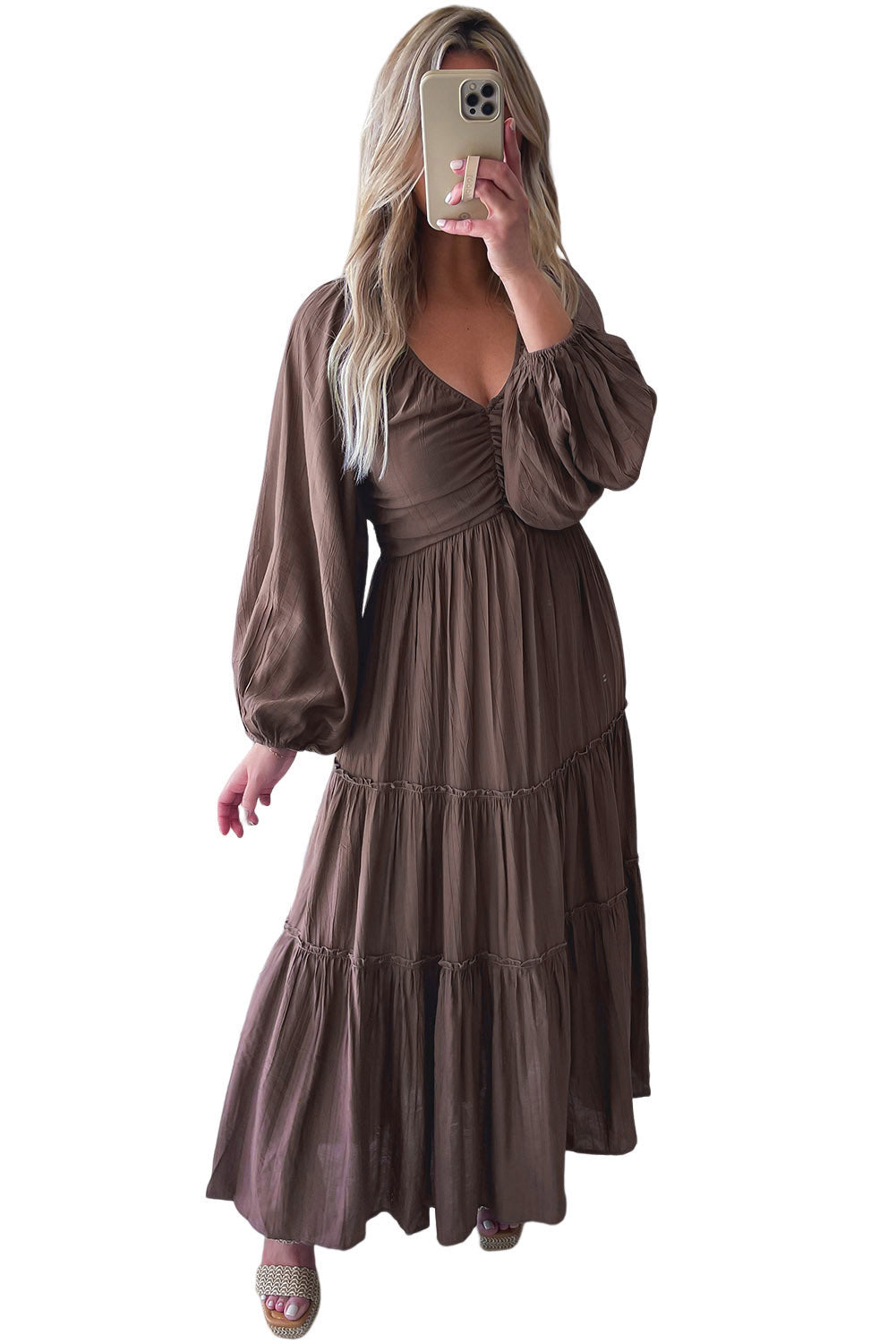 V Neck Bowknot Cutout Frill Tiered Maxi Dress