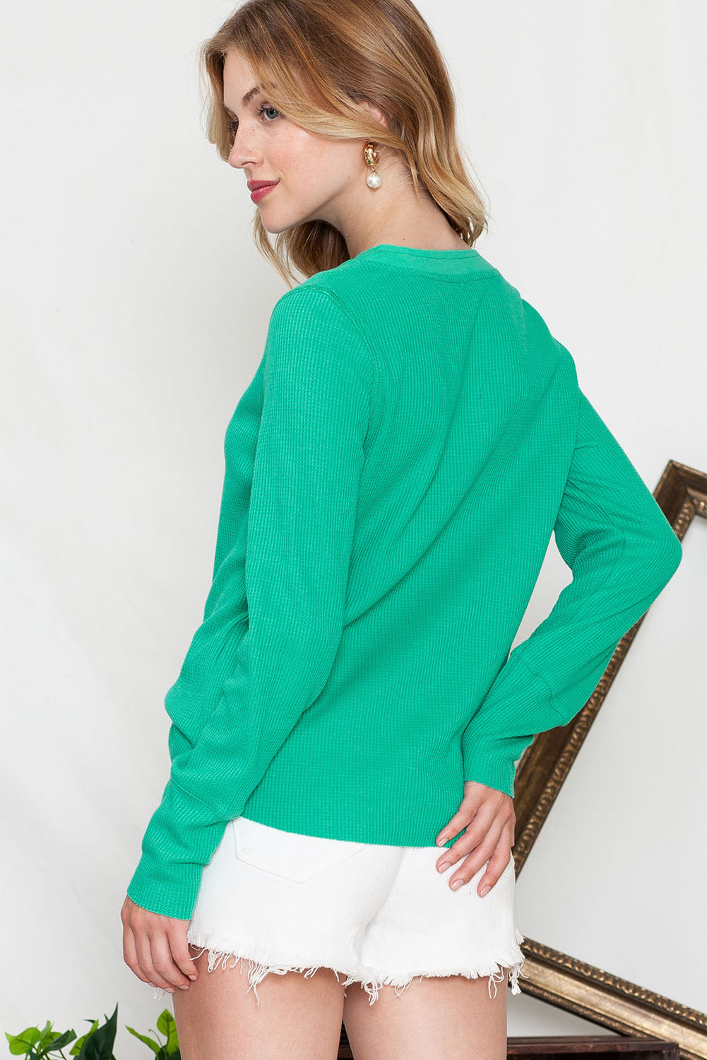 Waffle Knit Long Sleeve Henley Shirt