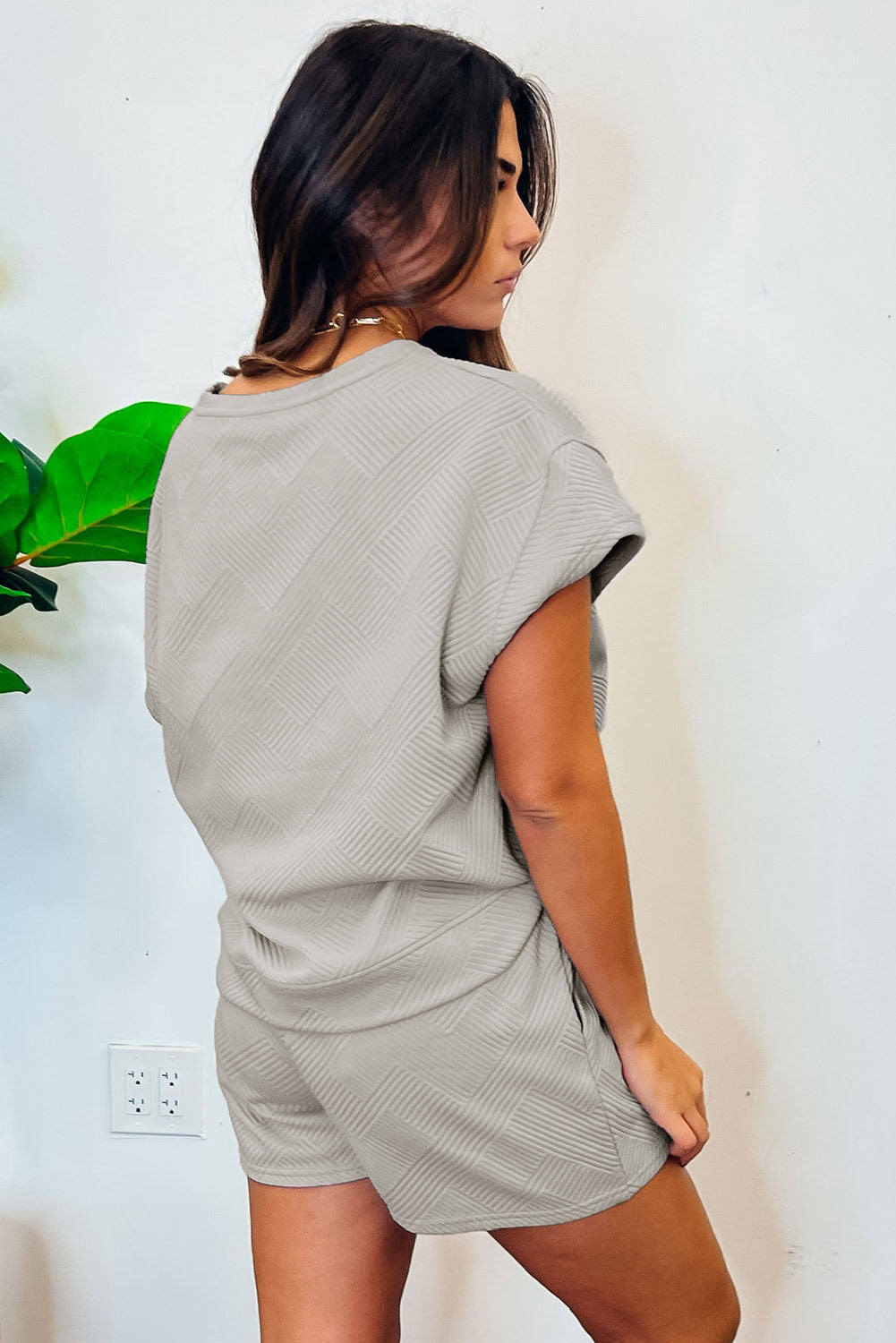 Solid Textured Drawstring Shorts Set