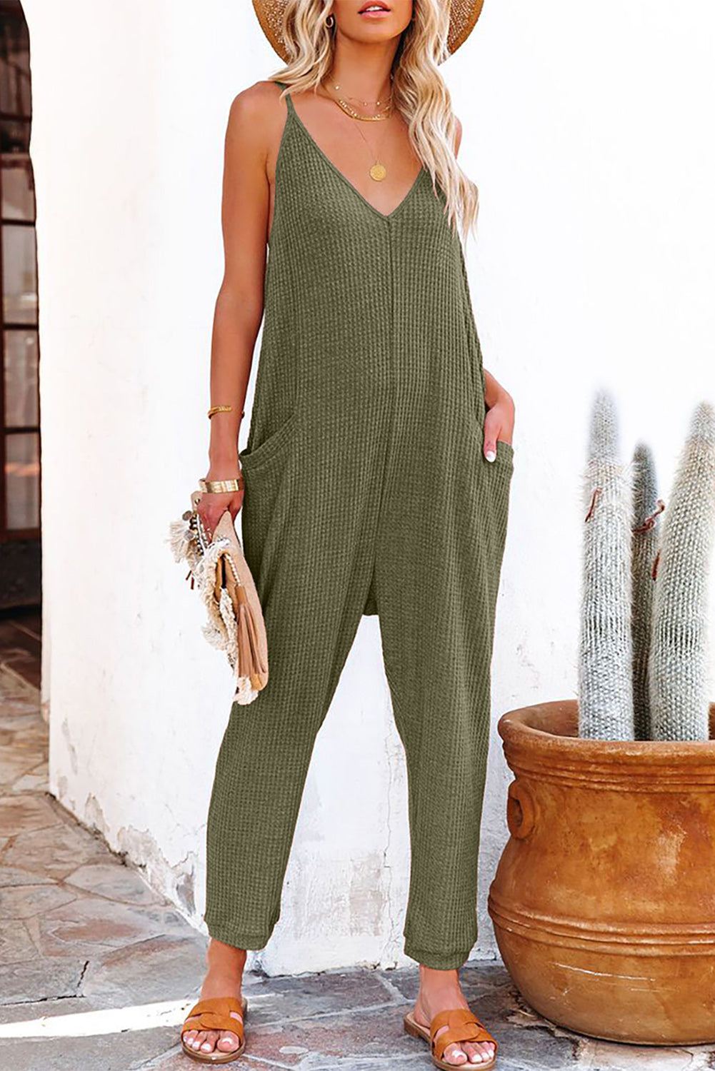 Blue Casual Textured Sleeveless V-Neck Pocketed Jumpsuit
