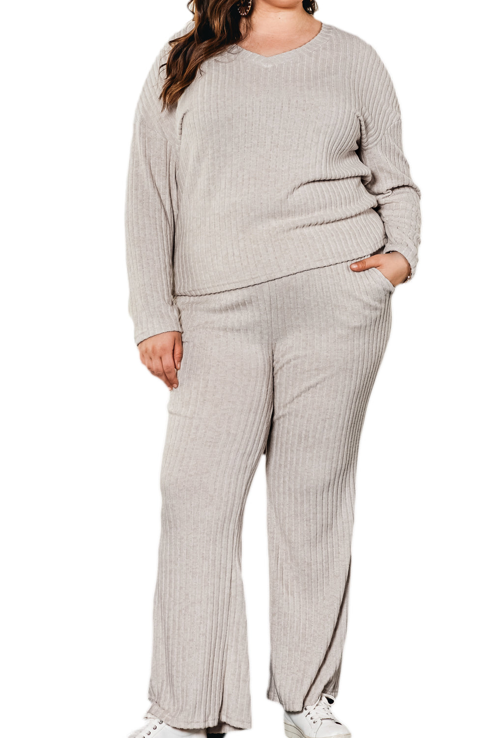 Ribbed V Neck Pullover and Pants Set